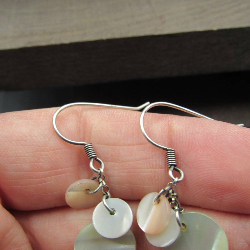 Sterling Silver Three Circle Shell Dangle Earrings - image 3